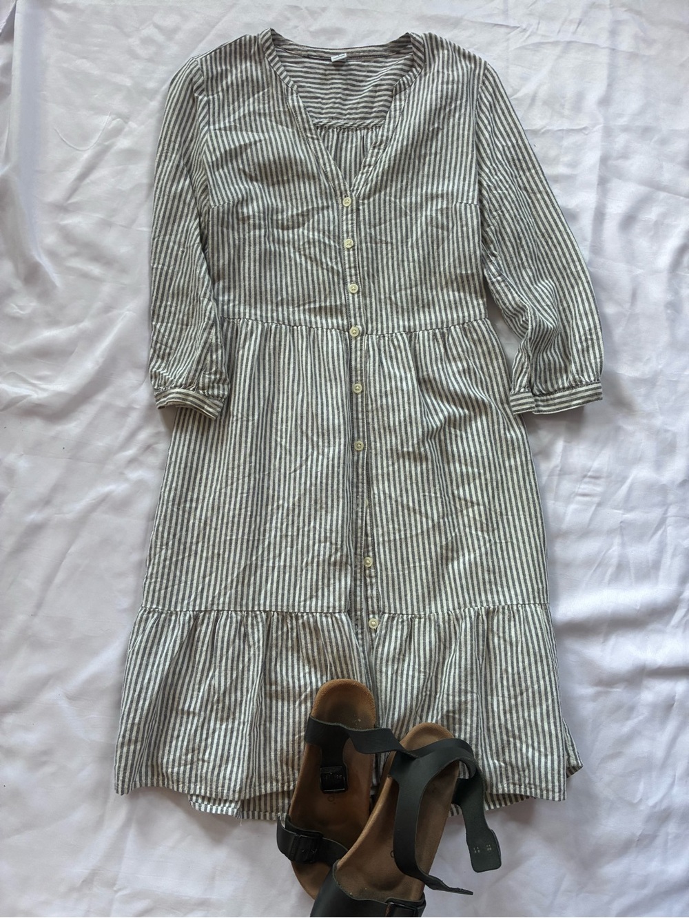 Linen Striped Button-Front Midi Dress in Natural/White